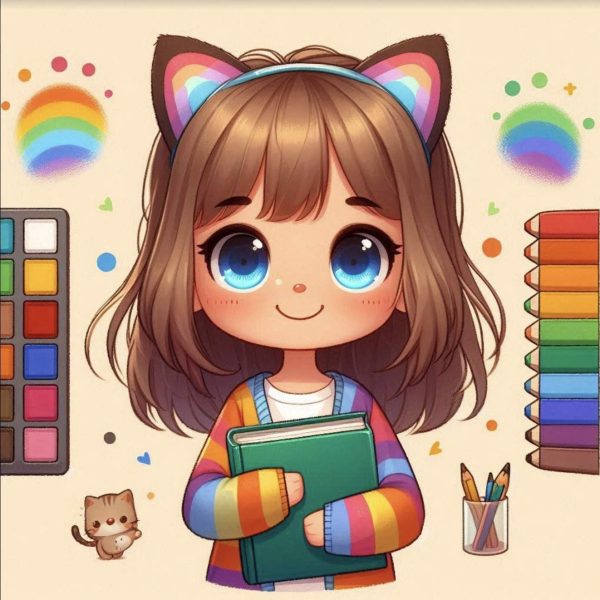 anime style illustration of Isabela, a 7 year old trans girl with chin-length brown hair, bright blue eyes, and rainbow cat eats